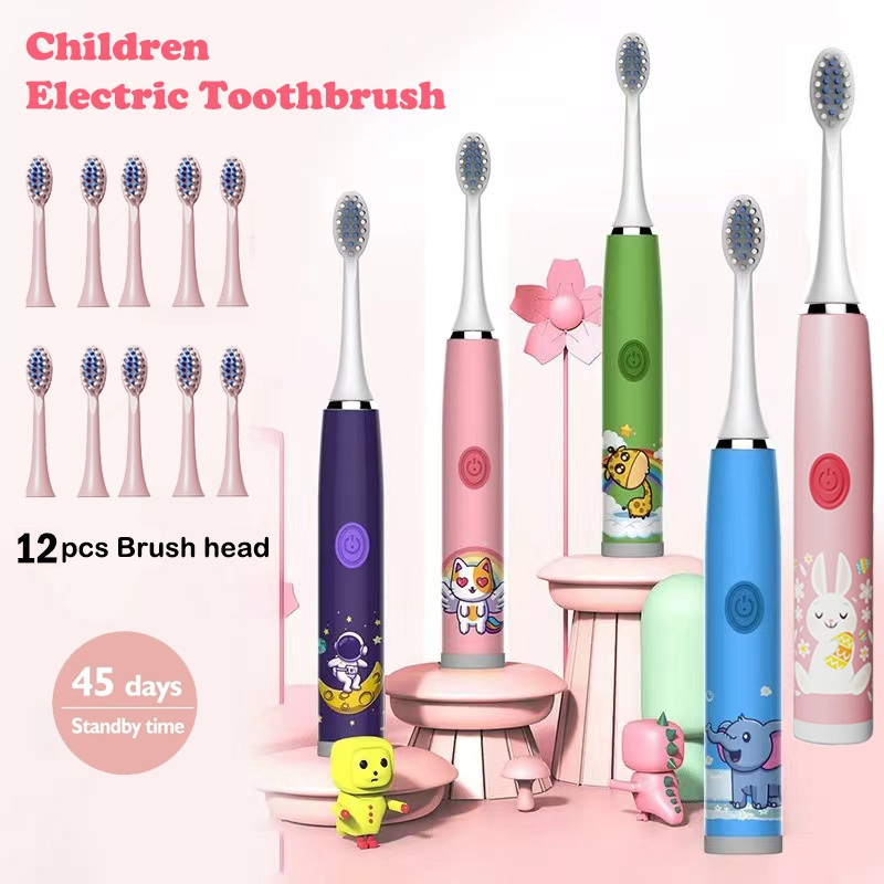 Teeth Whitening Toothbrush - 子供ソニック電動歯ブラシカラフルな漫画子供のための充電式ソフトファー自動防水 12 交換ヘッド