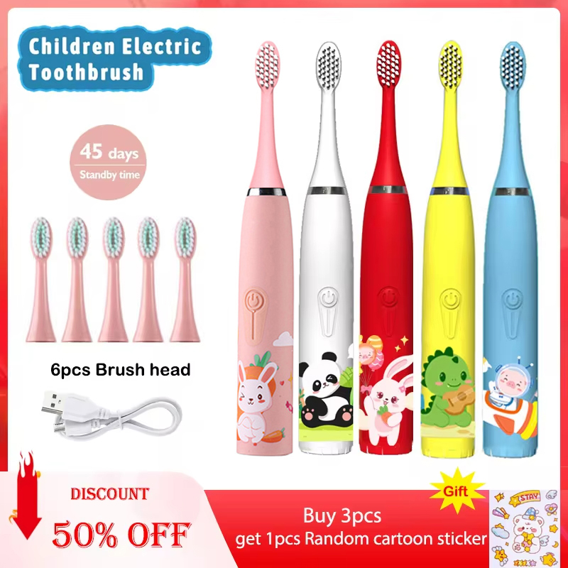 Teeth Whitening Toothbrush - 子供のための交換用ヘッド付き電動歯ブラシ,充電式,カラフル,漫画,ソニック,ipx7,防水
