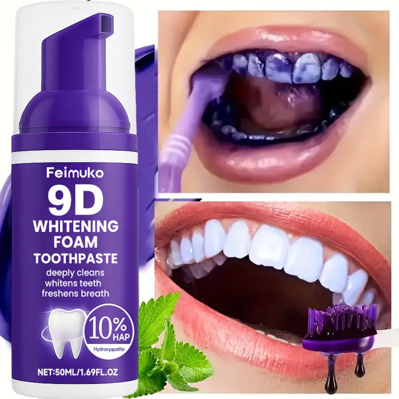 9D パープル歯磨き粉ムース 黄ばんだ歯の汚れ除去用集中ステ - Teeth Whitening Yellow Teeth のレビューと価格